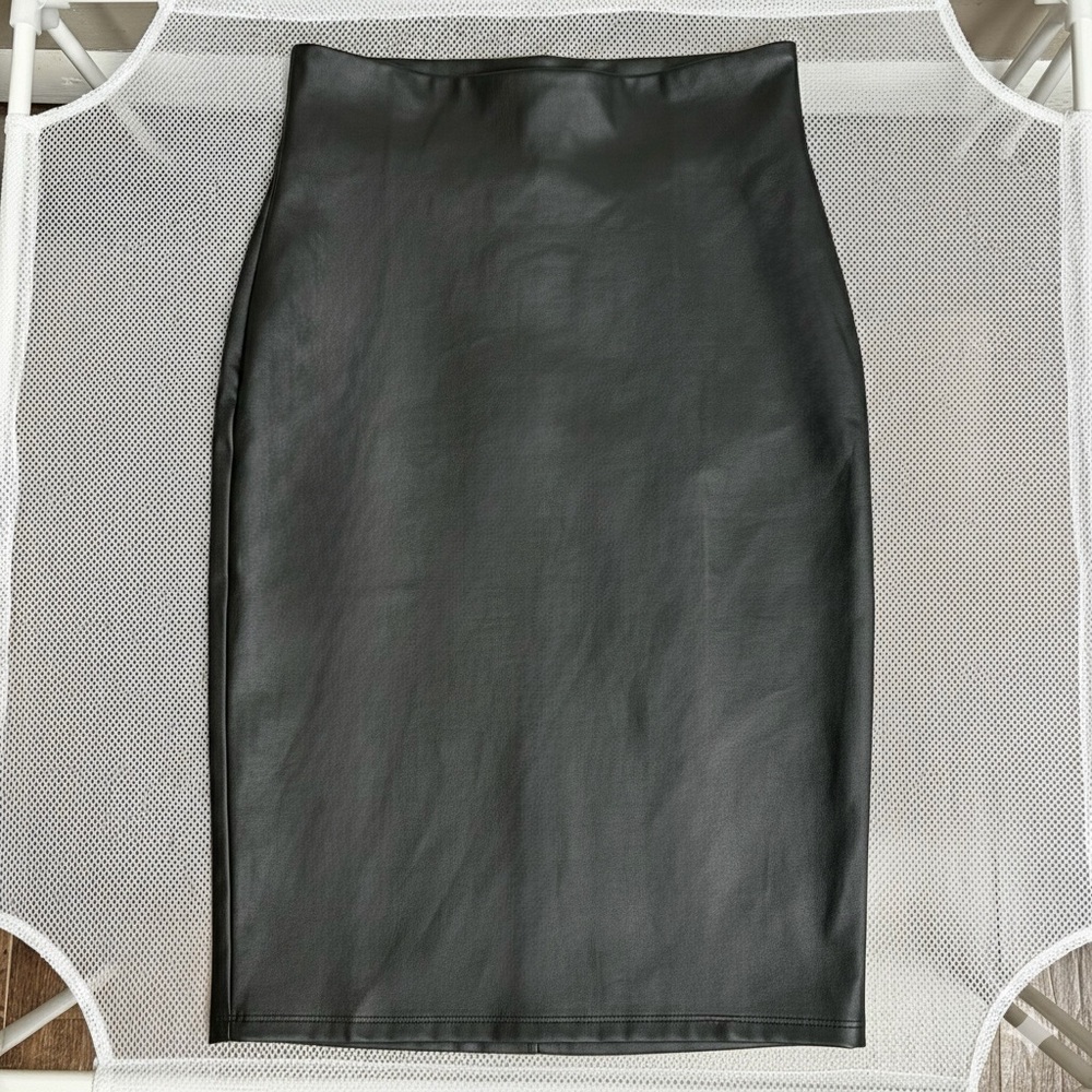 SIMLU Black Faux Leather Midi Pencil Skirt Very Stretchy High Waist Office M EUC - Picture 7 of 15